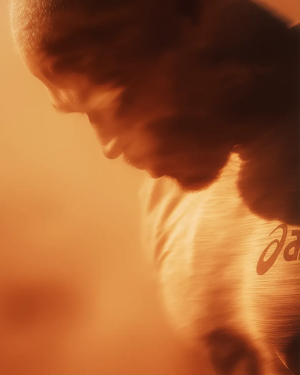 Asics Concept: Läufer im Profil mit gesenktem Blick, bewegungsunscharf, oranges Licht, Logo auf dem Shirt