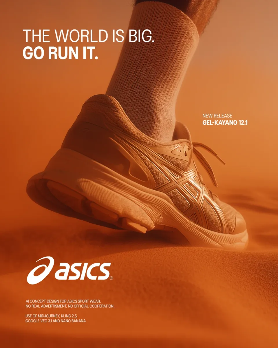 Asics Concept: Plakat mit Laufschuh im orangen Sand, Claim „The world is big. Go run it.“, GEL-KAYANO 12.1 und Logo