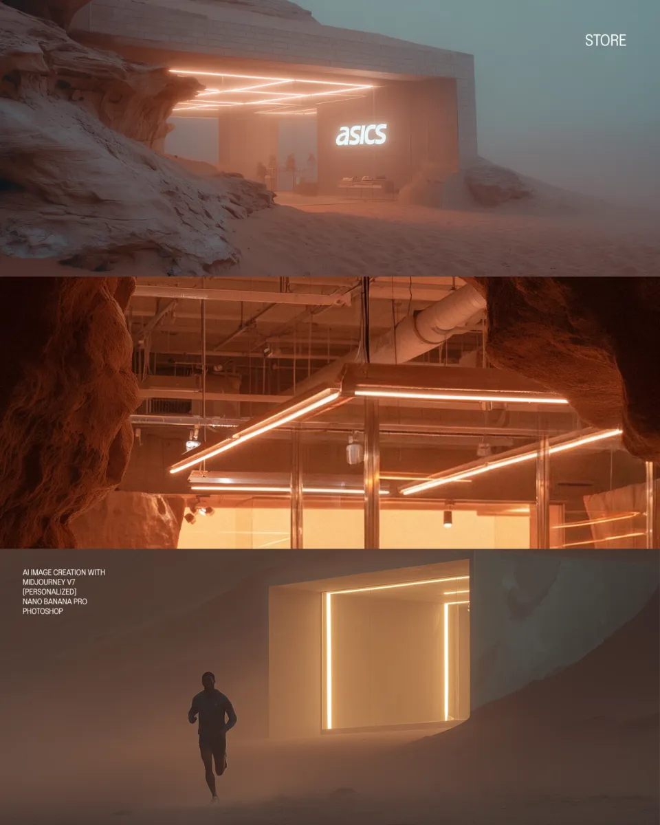 Asics Concept: Tafel „Store“ in drei Streifen: Store unter Fels, Neonröhren hinter Glas, Läufer vor einem Lichtportal