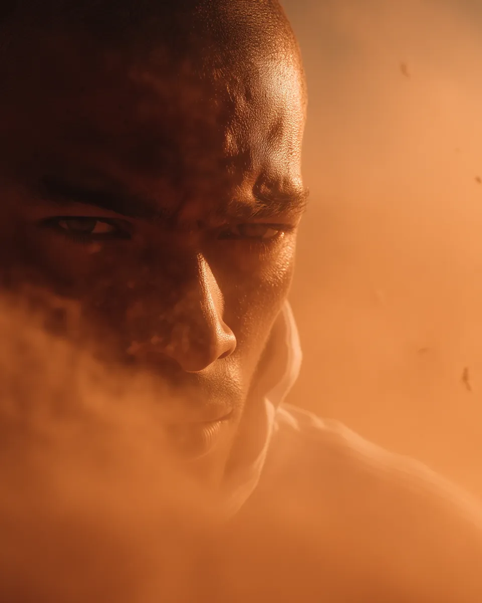 Asics Concept: Gesicht eines Mannes frontal und ganz nah, Blick in die Kamera, vor Mund und Kinn treibt Sand