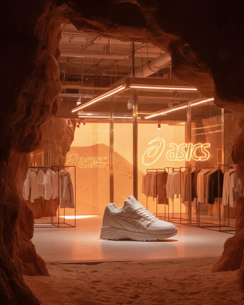 Asics Concept: Blick durch eine Felshöhle in den Store, weißer Schuh auf hellem Boden, Neon-Logos und Kleiderständer