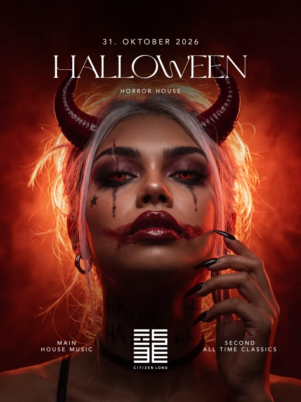 Citizen Long: Halloween-Plakat 2026 „Horror House“ – Frau mit Teufelshörnern, roten Augen und blutig verschmiertem Clownsmund vor glühendem Rauch; Main Floor House Music, Second Floor All Time Classics, 31. Oktober 2026
