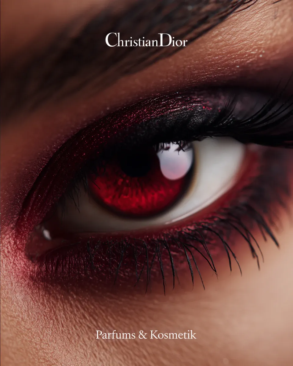 Dior Concept: close-up of an eye with a red iris and red shimmering eyeshadow, lettering “Christian Dior – Parfums & Kosmetik”