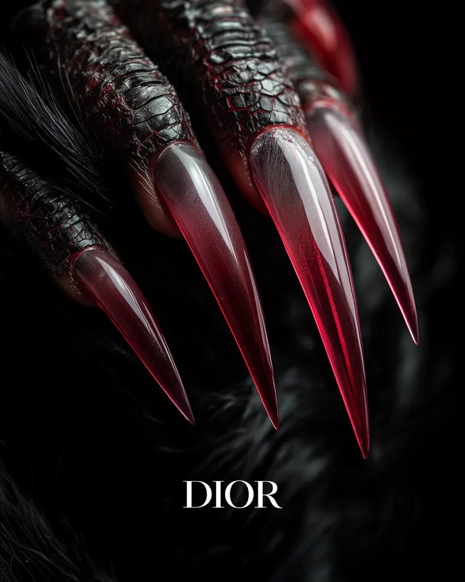 Dior Concept: black clawed hand with long red shimmering nails on black fur, “Dior” below