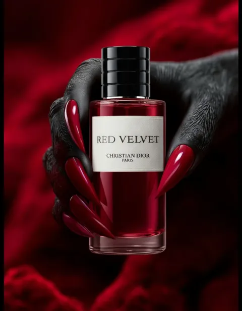 Dior Concept: black clawed hand with red nails holding the “Red Velvet” bottle in front of red velvet