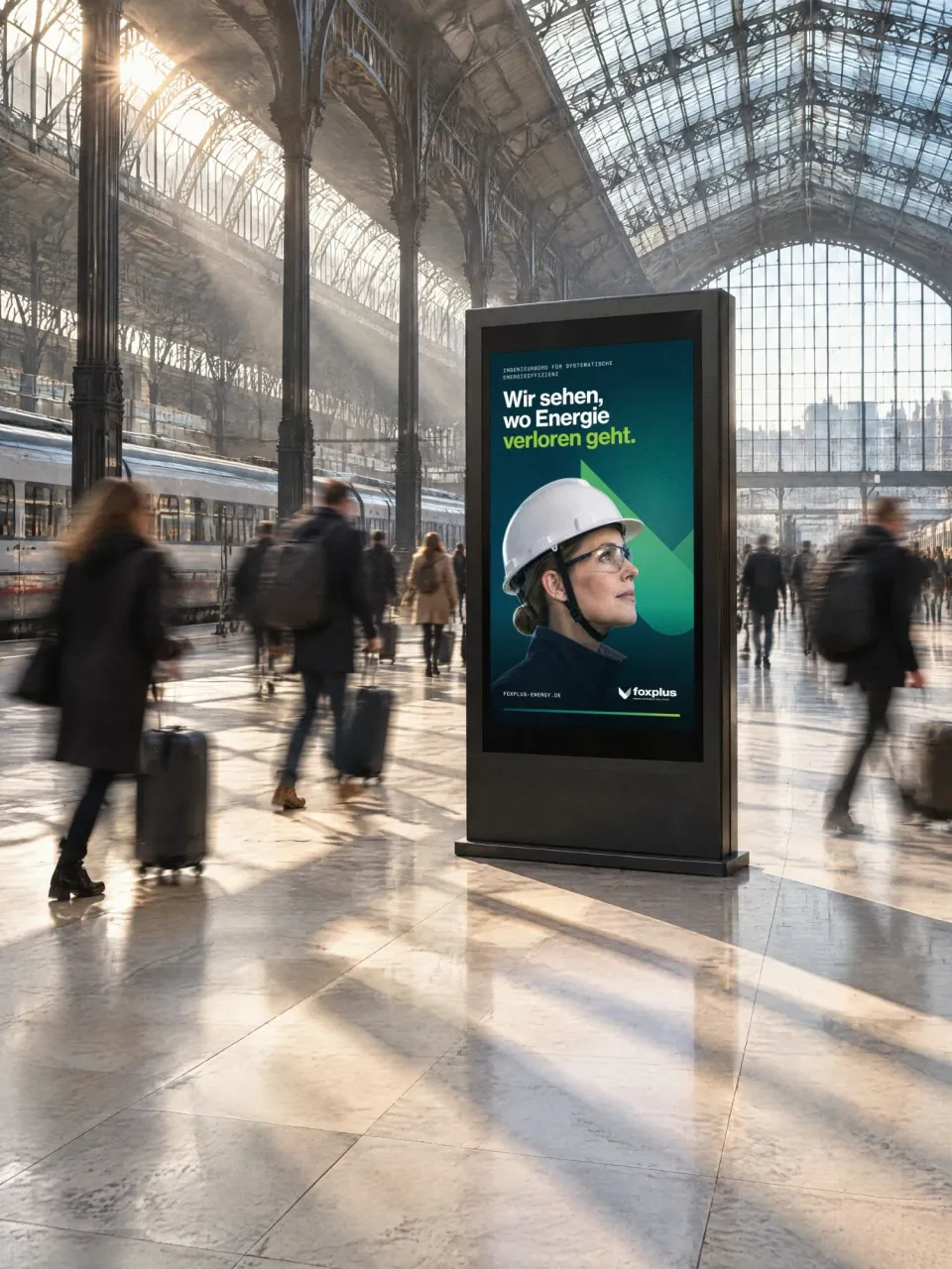 foxplus: digitale Stele in einer Bahnhofshalle mit dem Porträt einer Ingenieurin mit Schutzhelm und Schutzbrille und der Zeile „Wir sehen, wo Energie verloren geht.“, Reisende im Gegenlicht