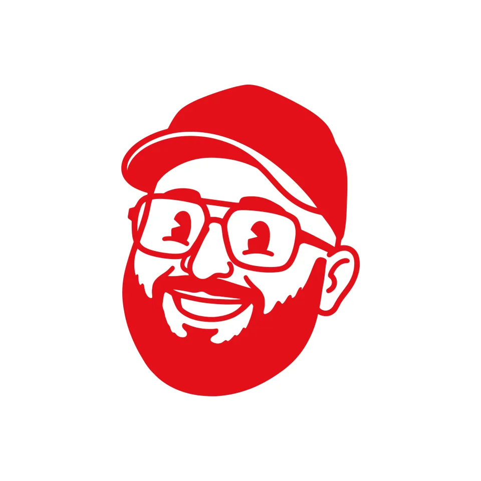 Kiosk am Nullsechs: Illustration von Onur, lachend mit Kappe, Brille und Bart, in Rot