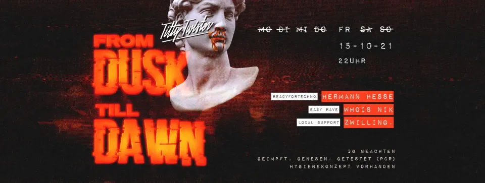 Nachtleben: Banner „From Dusk till Dawn“ mit antiker Büste