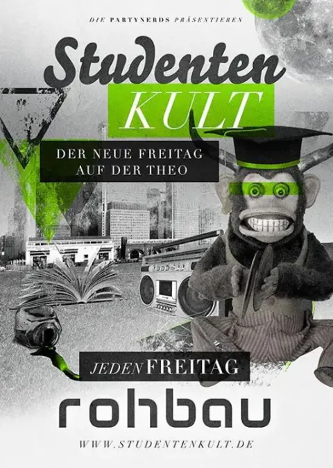 Nachtleben: Flyer Studentenkult im Rohbau mit Esel-Maskottchen