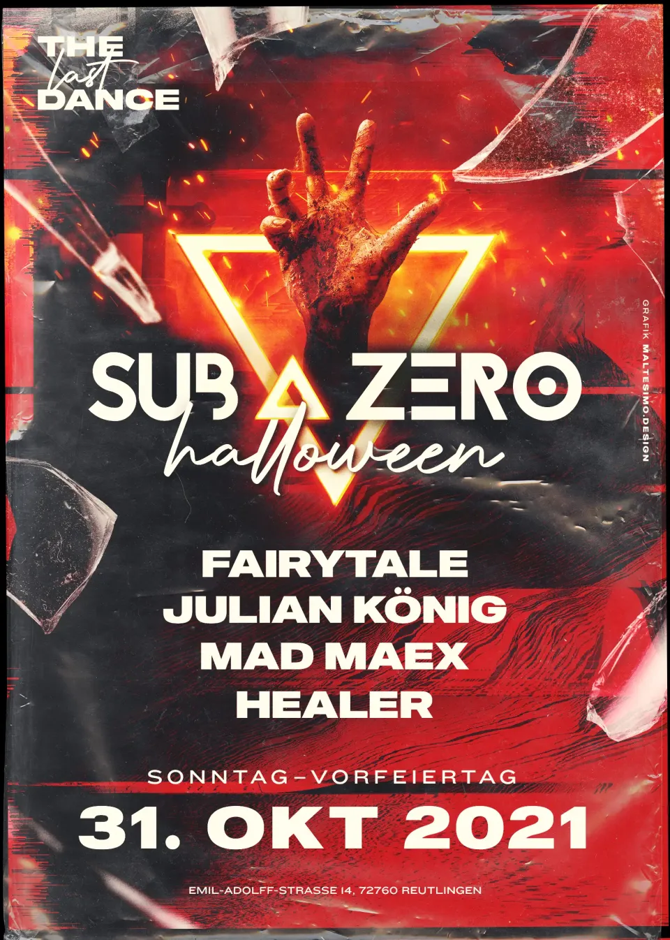 Nachtleben: Flyer Sub Zero Halloween 2021 mit roter Hand