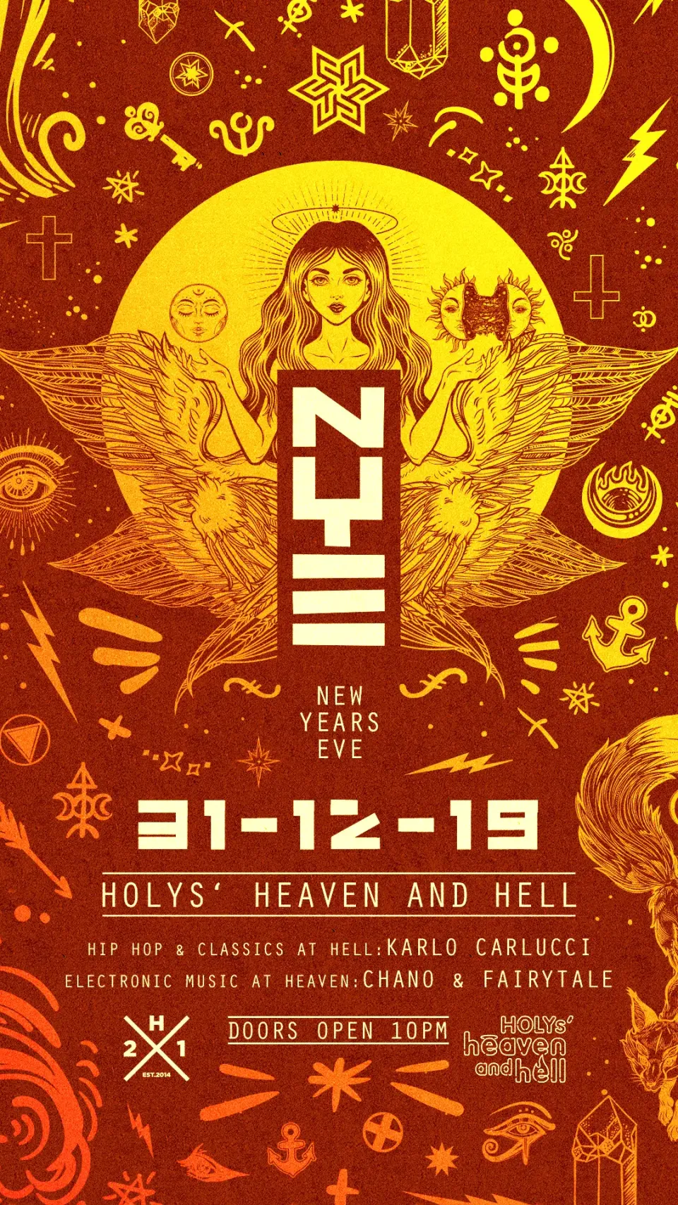 Nachtleben: Flyer NYE 2019 „Heaven and Hell“ im Holy’s, goldene Illustration
