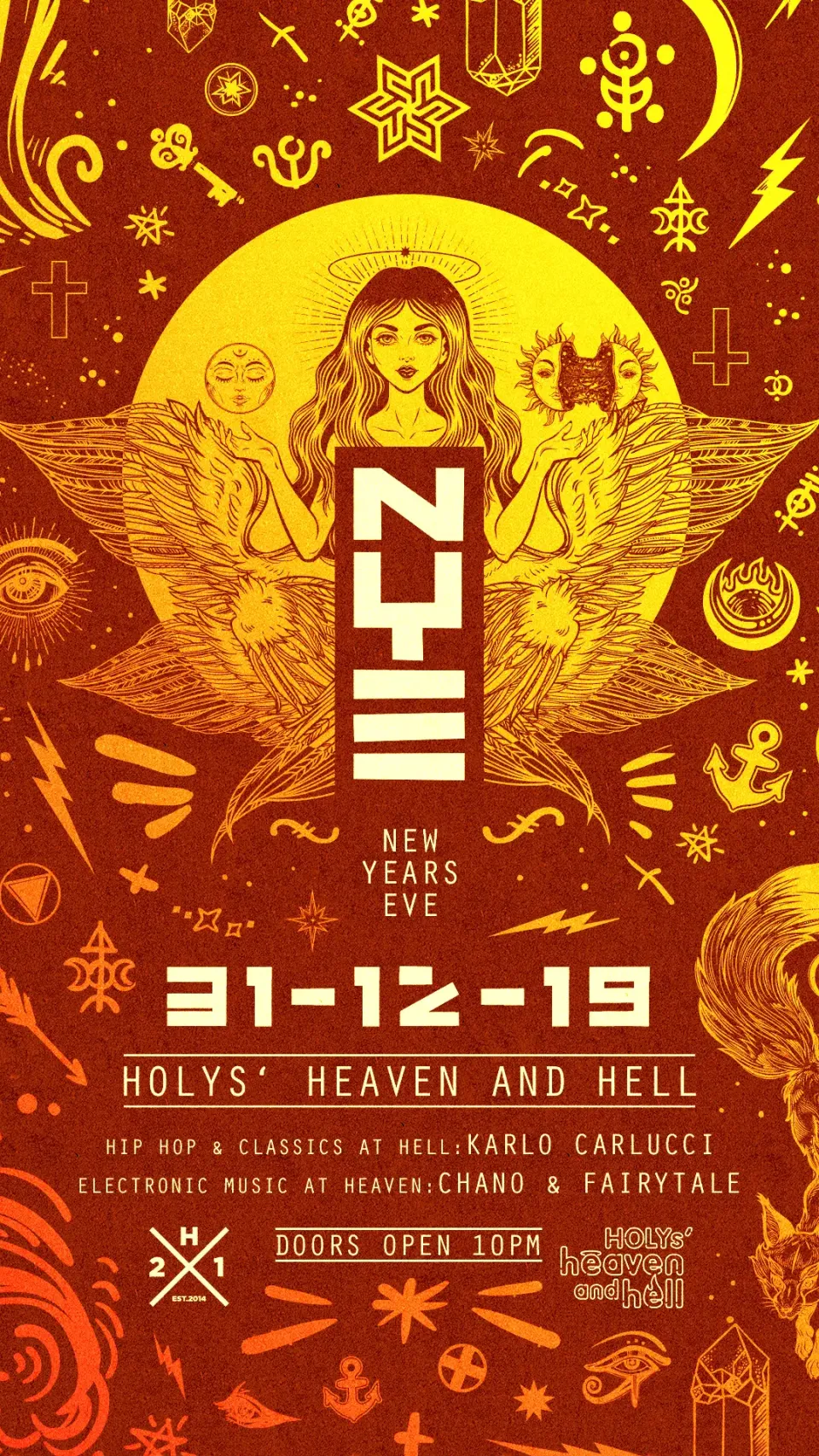 Nachtleben: Flyer NYE 2019 „Heaven and Hell“ im Holy’s, goldene Illustration