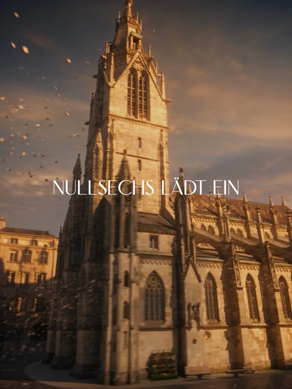 Nullsechs Ristobar: gotische Kirche im Abendlicht, Schriftzug „Nullsechs lädt ein“