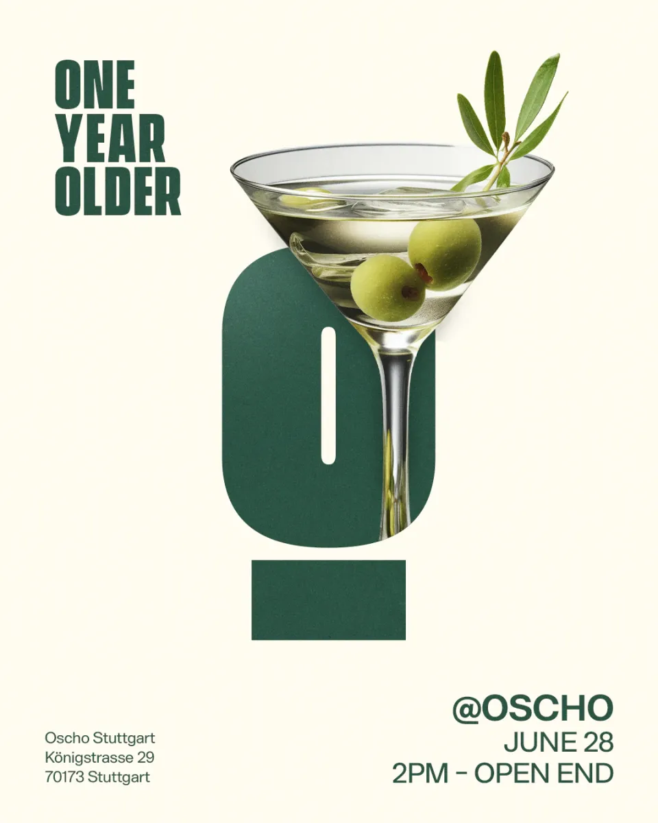 OSCHO: “One Year Older” first-anniversary invitation – a martini glass set into the green logo mark on cream