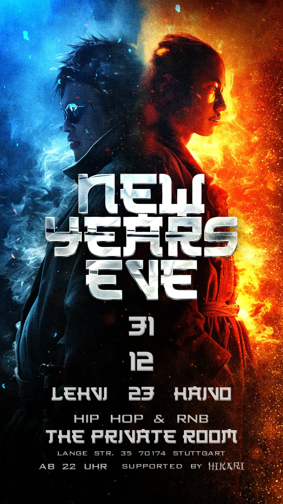 The Private Room, Stuttgart: Silvester-Plakat „New Years Eve“ – zwei Personen Rücken an Rücken zwischen blauem Rauch und orangem Feuer, Chromschrift; Hip Hop & RnB mit Lehvi, 23 und Haivo, 31. 12. ab 22 Uhr, supported by Hikari