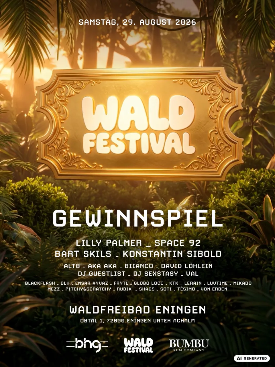 Waldfestival: Gewinnspiel-Motiv, goldenes Schild im Dschungel mit Line-up, zweite Ansicht