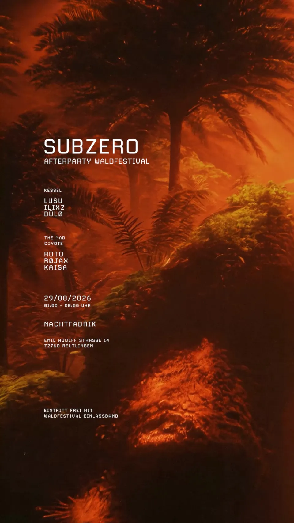 Waldfestival: Ankündigung der Subzero Afterparty, Farne und Palmen in orangem Licht